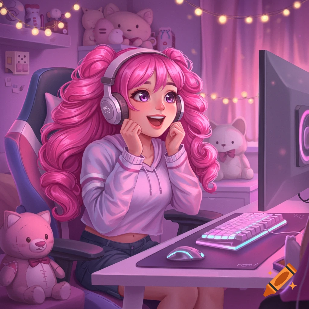 A vibrant anime-style illustration of a cute pink-haired gamer girl with headphones, smiling excitedly at her computer in a pink-lit room.