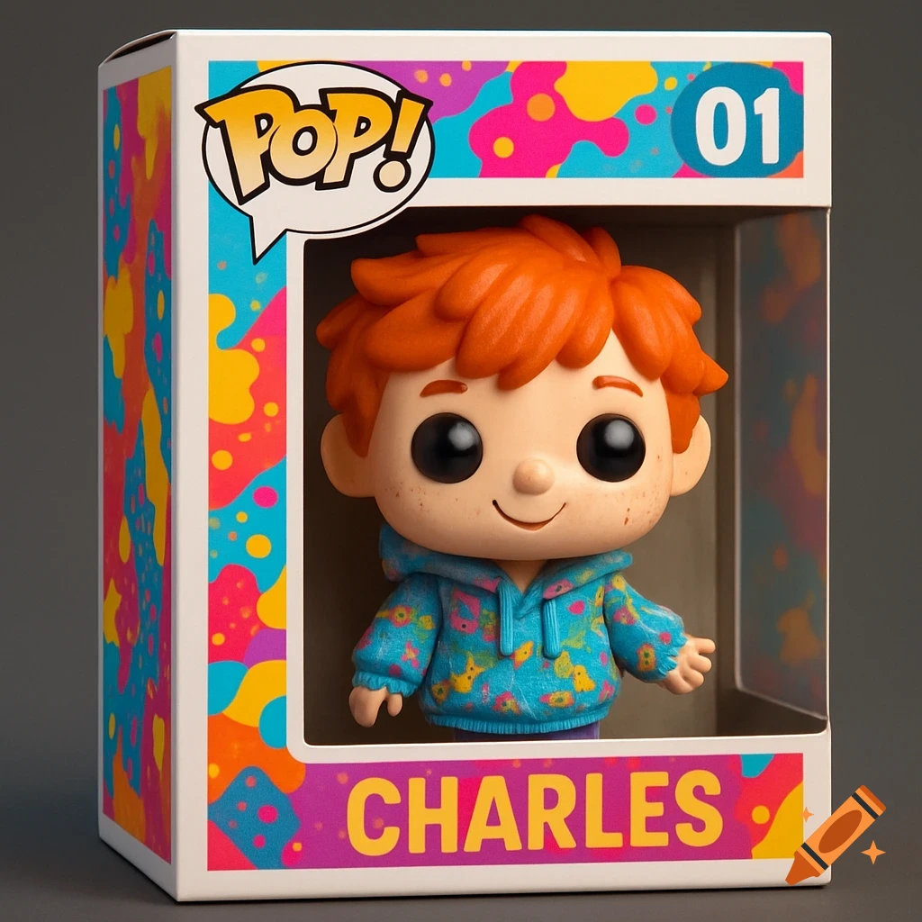 A Funko Pop vinyl figure of a ginger-haired boy wearing a blue hoodie, in a colorful box with the name Charles.