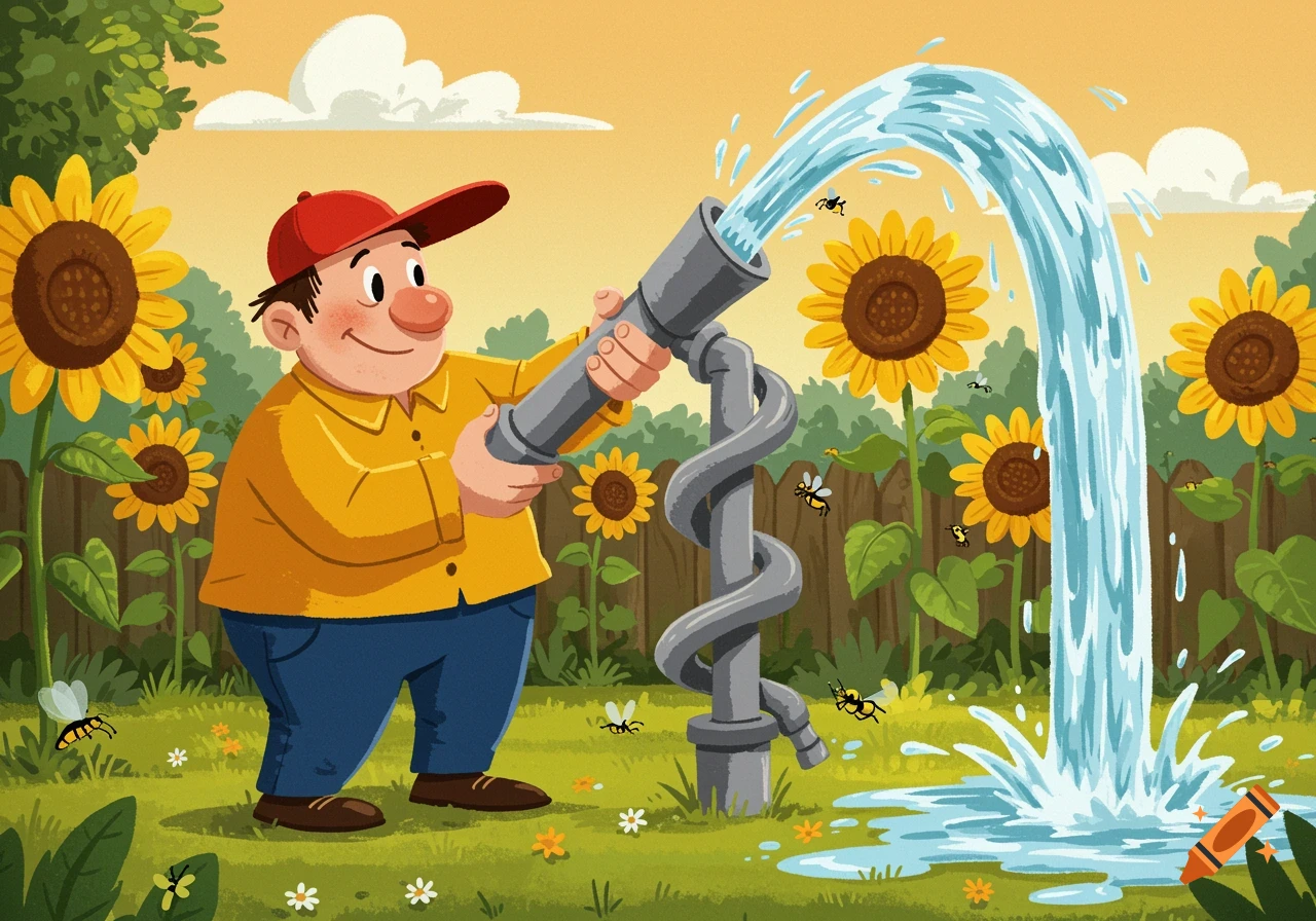 A cartoon man waters sunflowers in a garden with a hose. Bees fly around.