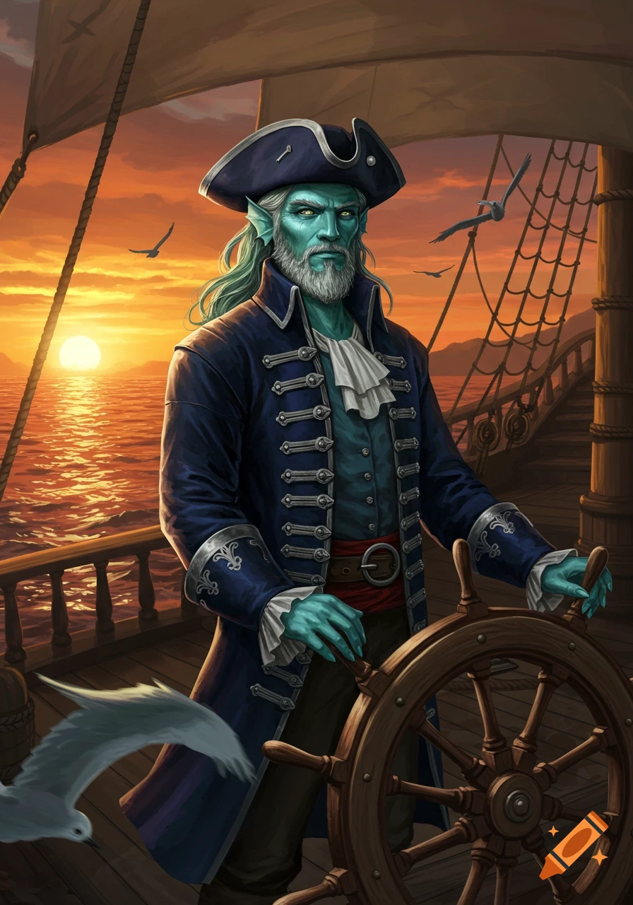 A teal-skinned, white-bearded water genasi pirate captain in a blue coat stands at a ship's wheel during sunset.