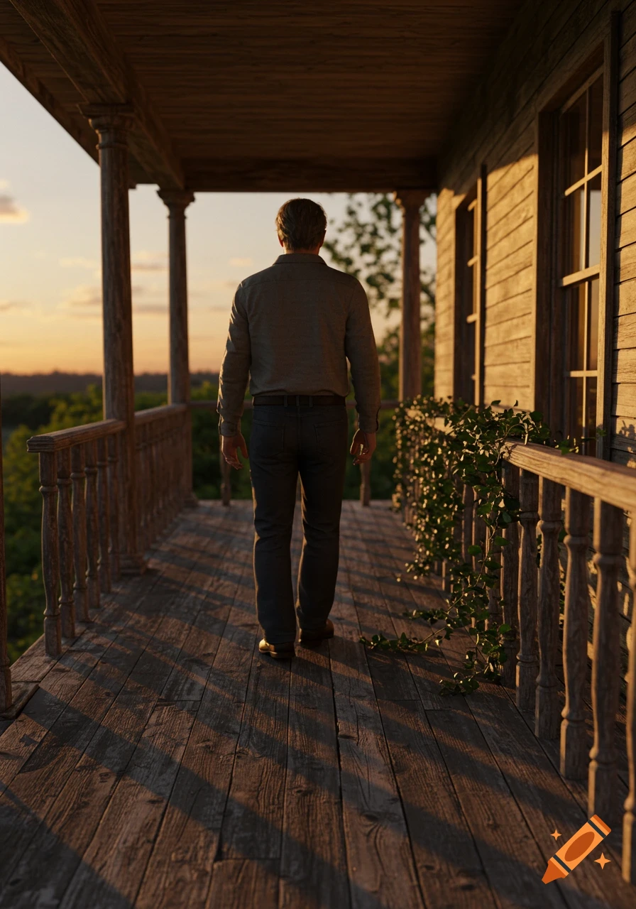 A man walks slowly on a wooden porch at sunset, looking out at a landscape in a realistic 3D style.