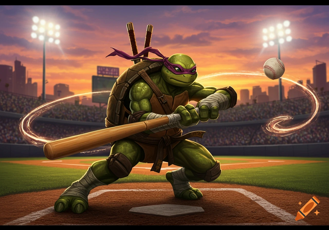 Donatello, a Ninja Turtle, swings a baseball bat at a stadium with a sunset sky in the background.