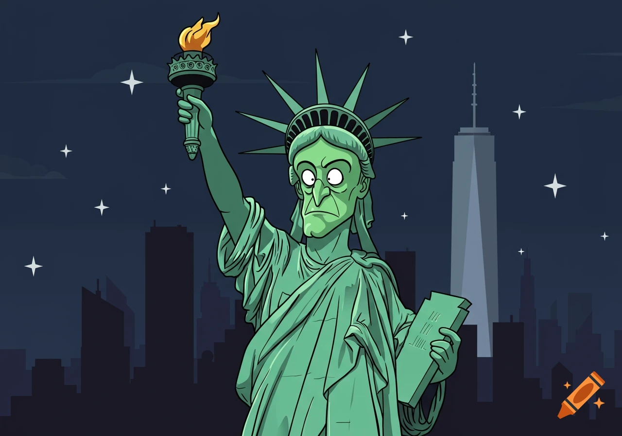 A cartoon caricature of the Statue of Liberty with a distorted, 'Spooderman'-like face, holding a torch and tablet, against a night cityscape.