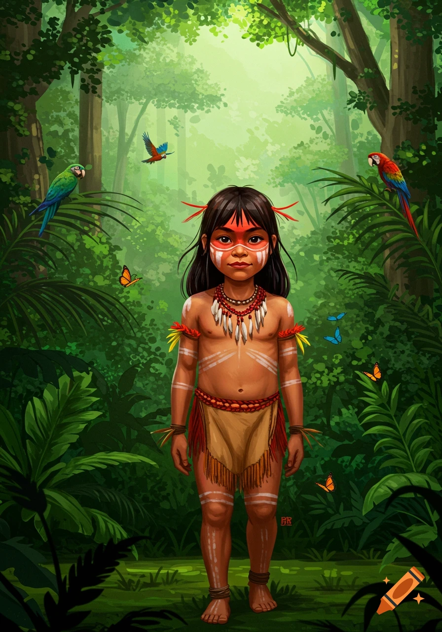 Illustration of a young Indigenous girl with body paint and traditional attire standing in a vibrant jungle with parrots and butterflies.