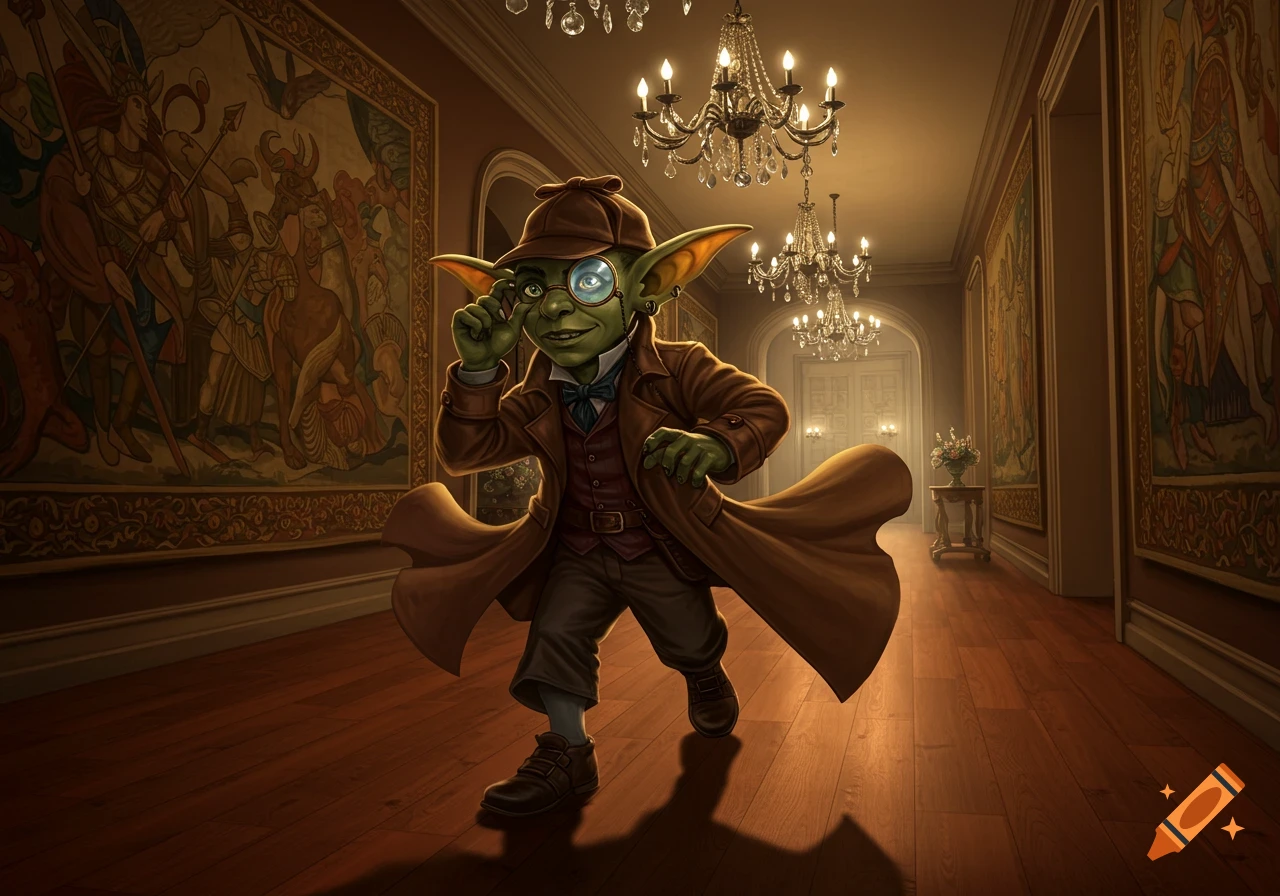 A goblin investigator in a brown coat, hat, and monocle walks down a grand hallway with chandeliers and tapestries.