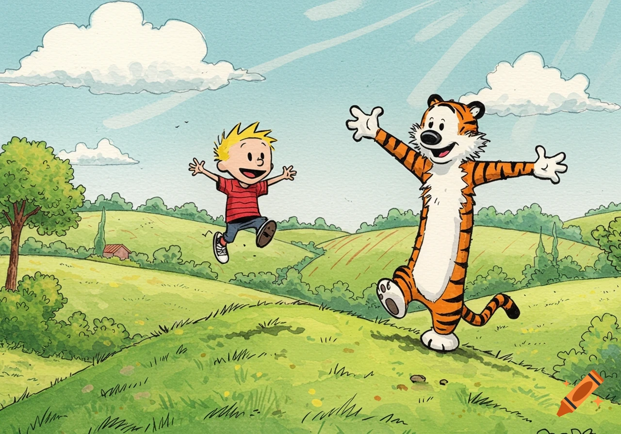Calvin and Hobbes characters joyfully jumping in a green, rolling countryside under a blue sky, in a watercolor comic art style.
