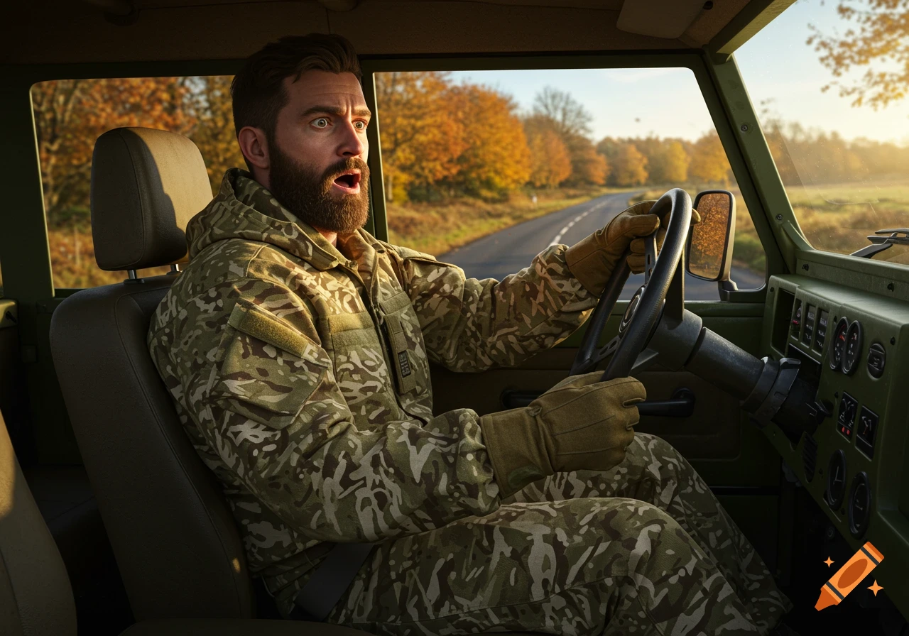 Photorealistic image of a bearded man in military uniform, looking shocked as he holds a detached steering wheel while driving a Land Rover on an autumn road.