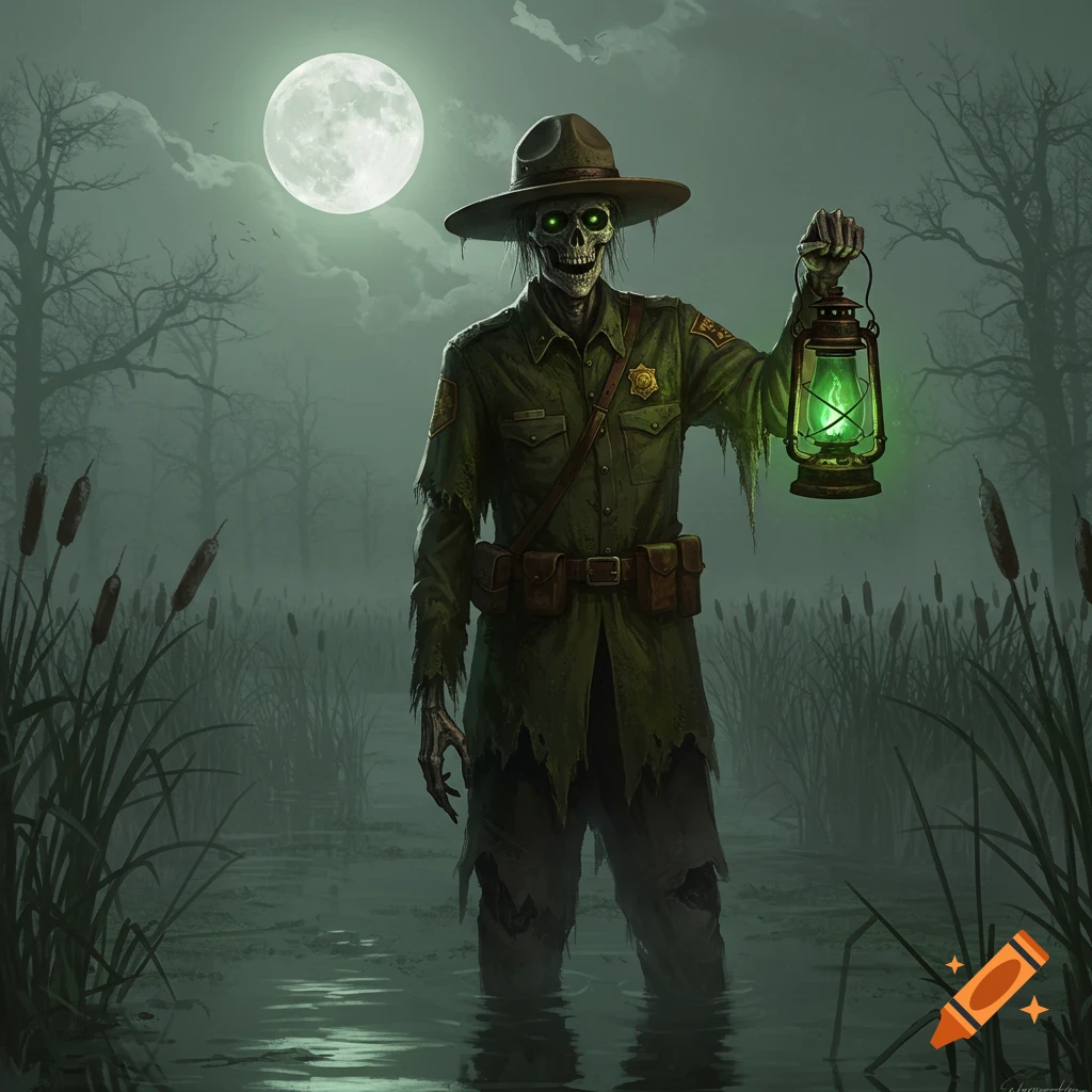 A skeletal undead game warden with glowing green eyes stands in a misty swamp under a full moon, holding a glowing green lantern.