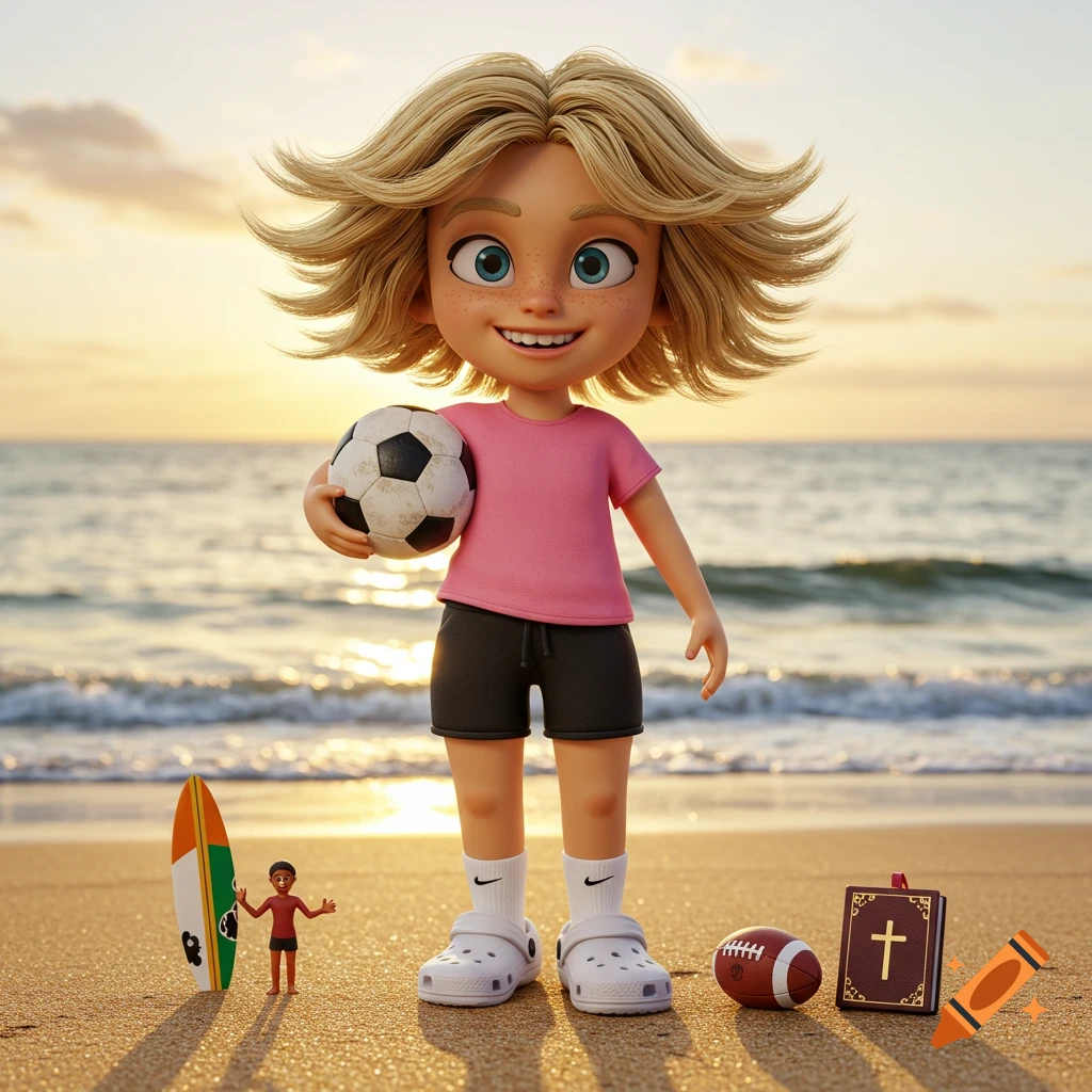 A smiling 3D cartoon girl with blonde hair, wearing a pink t-shirt and black shorts, stands on a sandy beach at sunset, holding a soccer ball. Nearby are a surfboard, miniature figure, football, and a book.