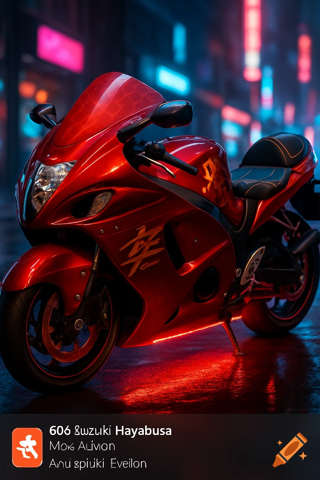 A red Suzuki Hayabusa motorcycle with glowing red underglow lights parked on a neon-lit cyberpunk city street at dusk.