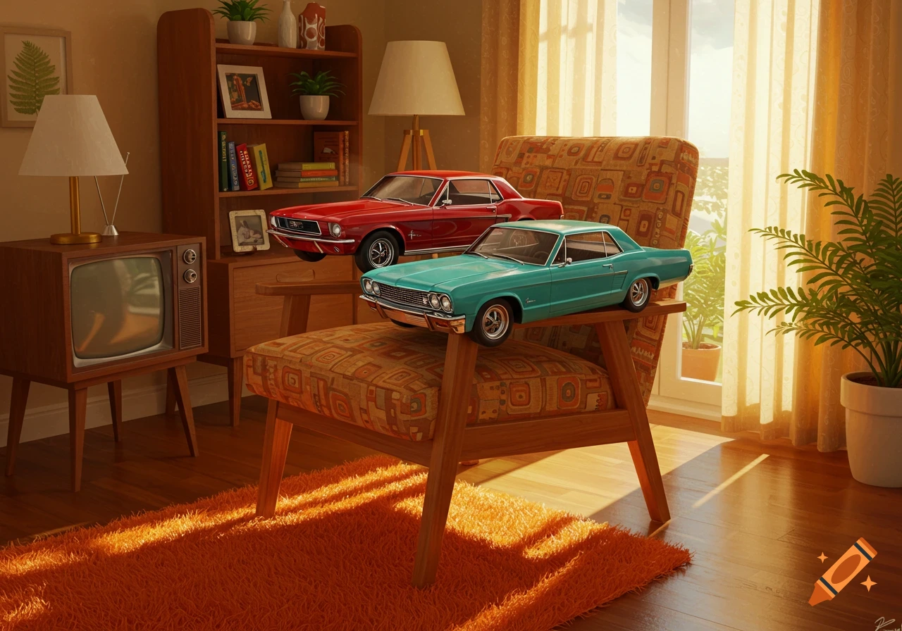 Two model classic cars, a red Mustang and a teal sedan, sit on a patterned armchair in a sunlit 1960s living room.