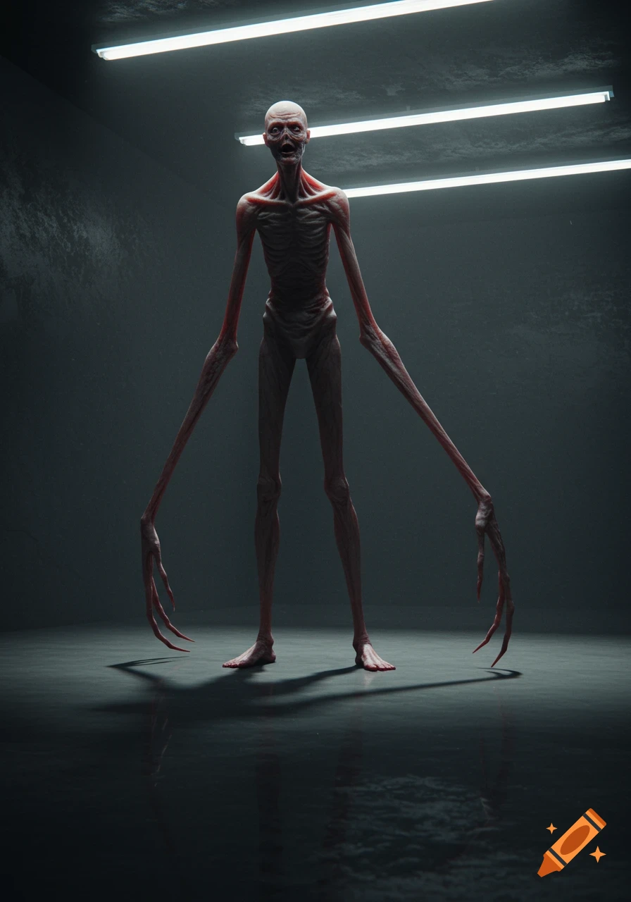 A pale, emaciated humanoid figure with long limbs and mismatched facial features stands in a dimly lit, stark room.