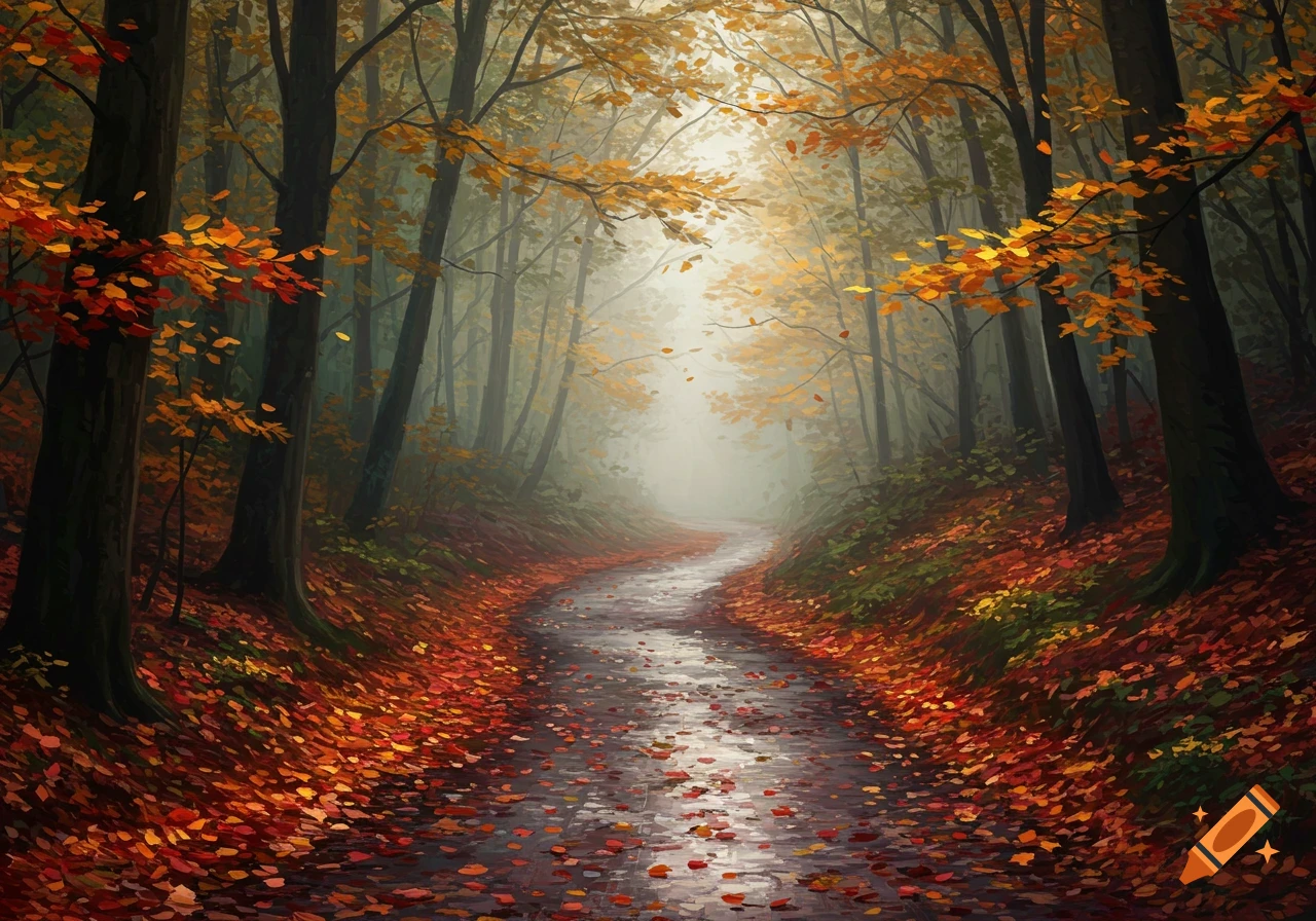A winding forest path covered in vibrant orange and red autumn leaves, with trees on either side and a misty bright light in the distance, in a painterly style.