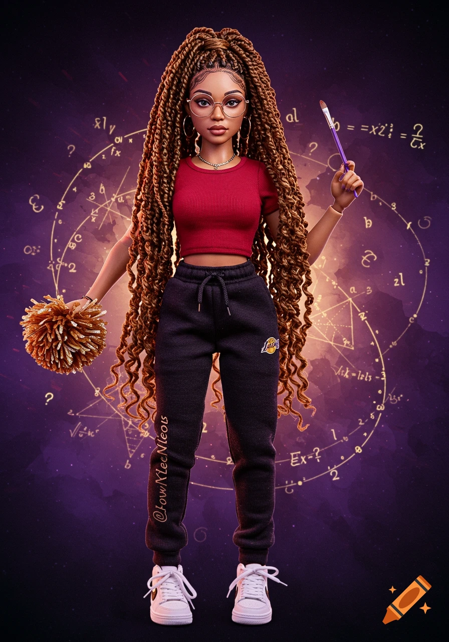 An action figure of a woman with long boho knottless braids, wearing a red crop top, black sweatpants with a Lakers logo, and white sneakers, holding a golden pompom and a paintbrush, against a purple background with mathematical equations.