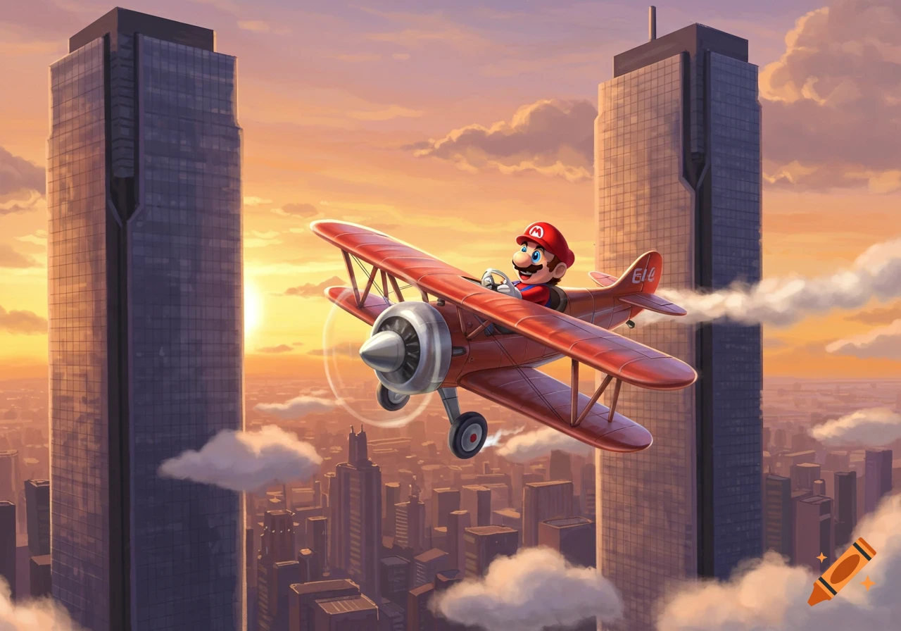 Mario flies a red biplane between two tall skyscrapers with a city skyline visible below at sunset, in a cartoon style.