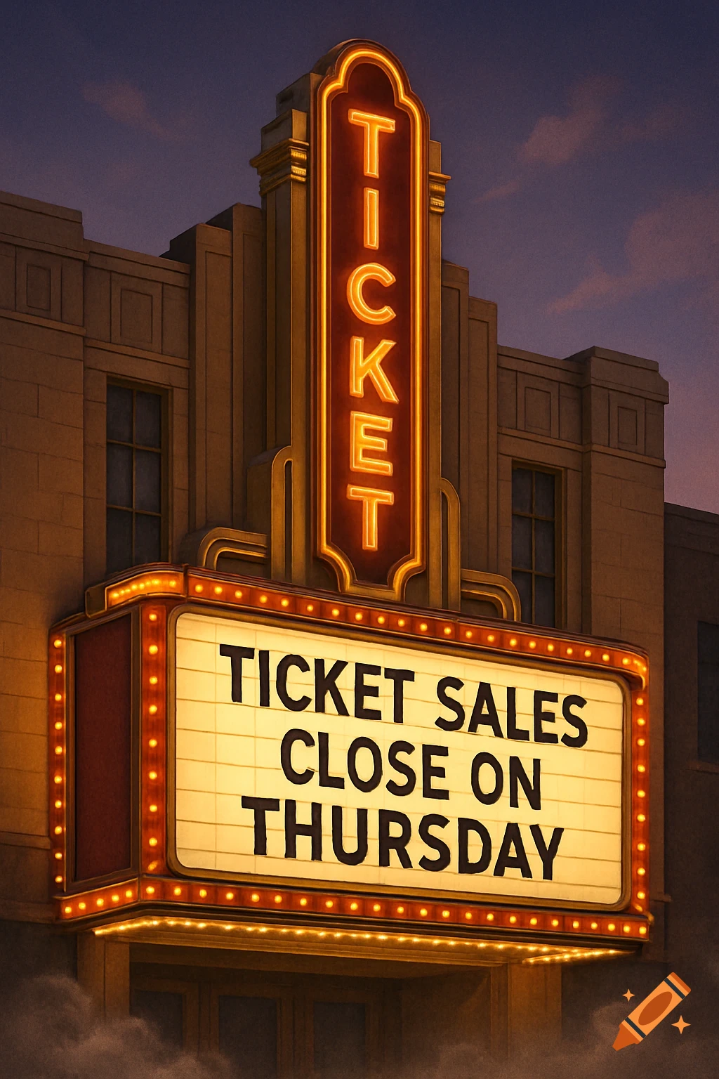 An illuminated theater marquee at dusk displaying 'TICKET SALES CLOSE ON THURSDAY' and a vertical neon 'TICKET' sign above.