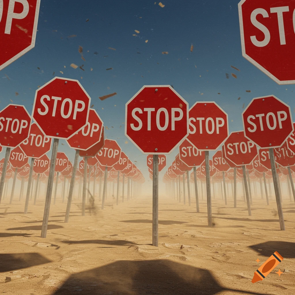 A vast desert landscape filled with hundreds of red stop signs extending into the distance under a blue sky.