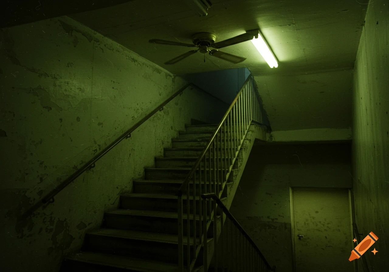 An eerie, green-lit staircase in an old building with peeling paint, a ceiling fan, and fluorescent light.