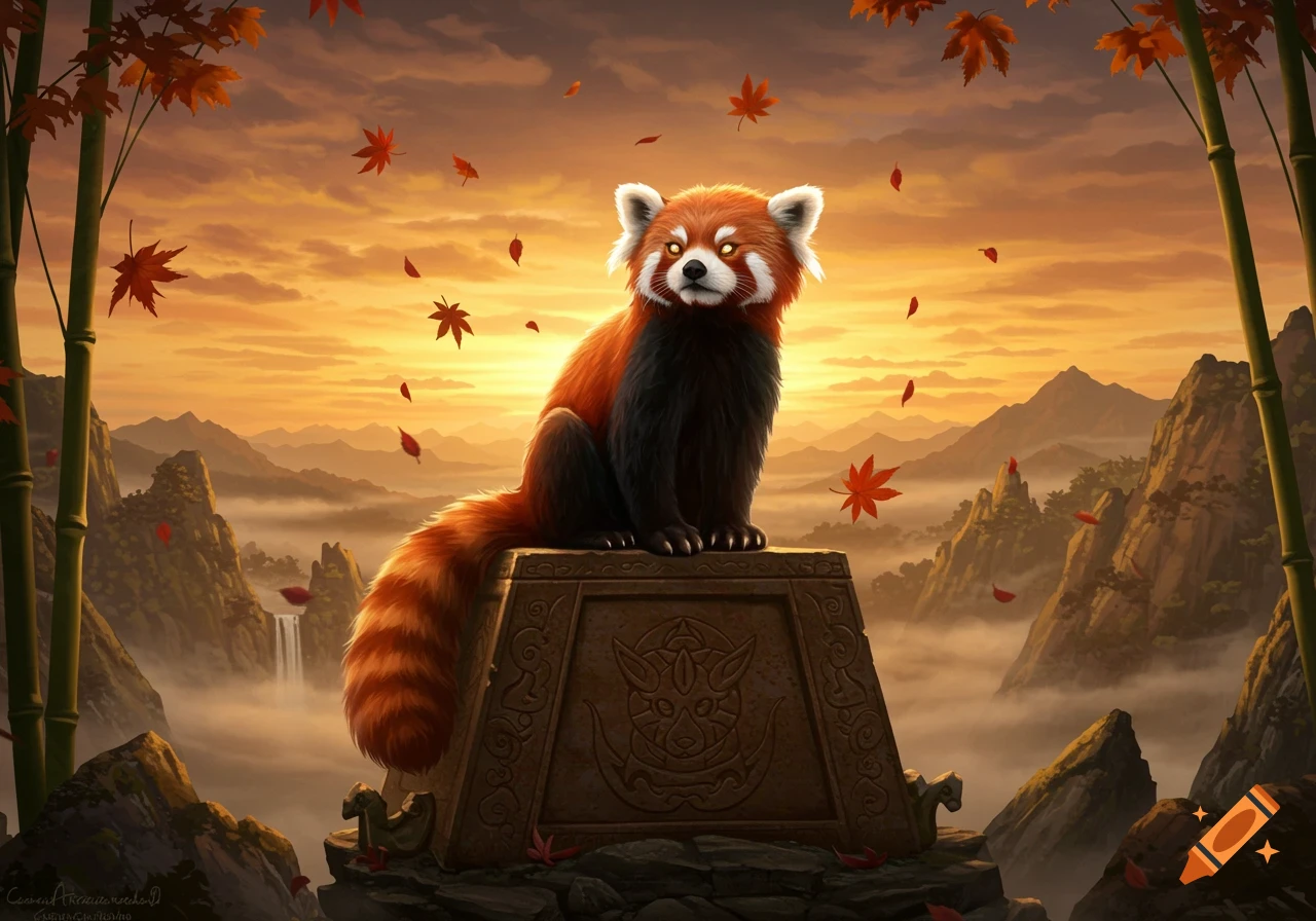 A majestic red panda with glowing eyes sits on an ancient stone pedestal amidst a mystical mountain landscape at sunset, with bamboo and falling maple leaves.