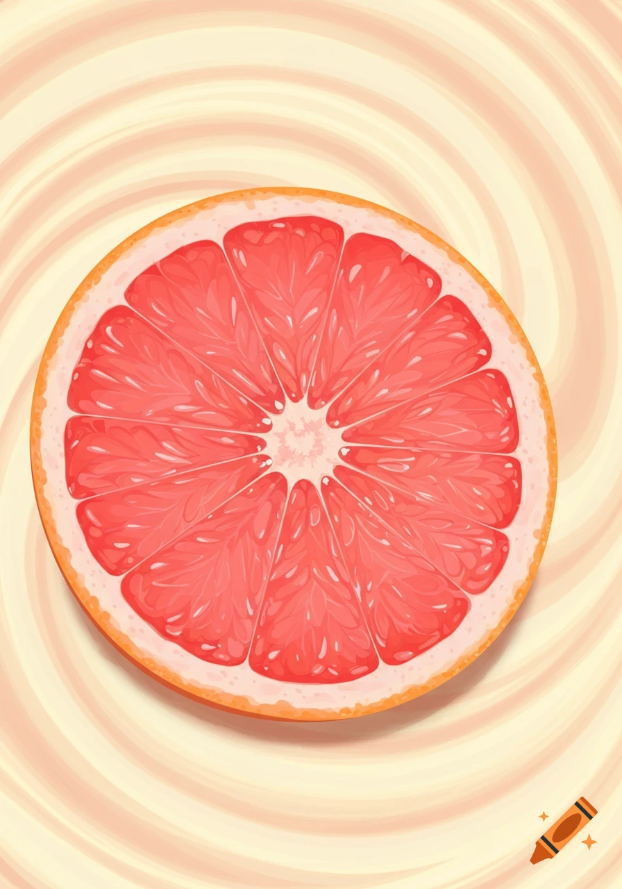 A vibrant pink grapefruit slice on a creamy yellow swirl background, in a stylized art style.