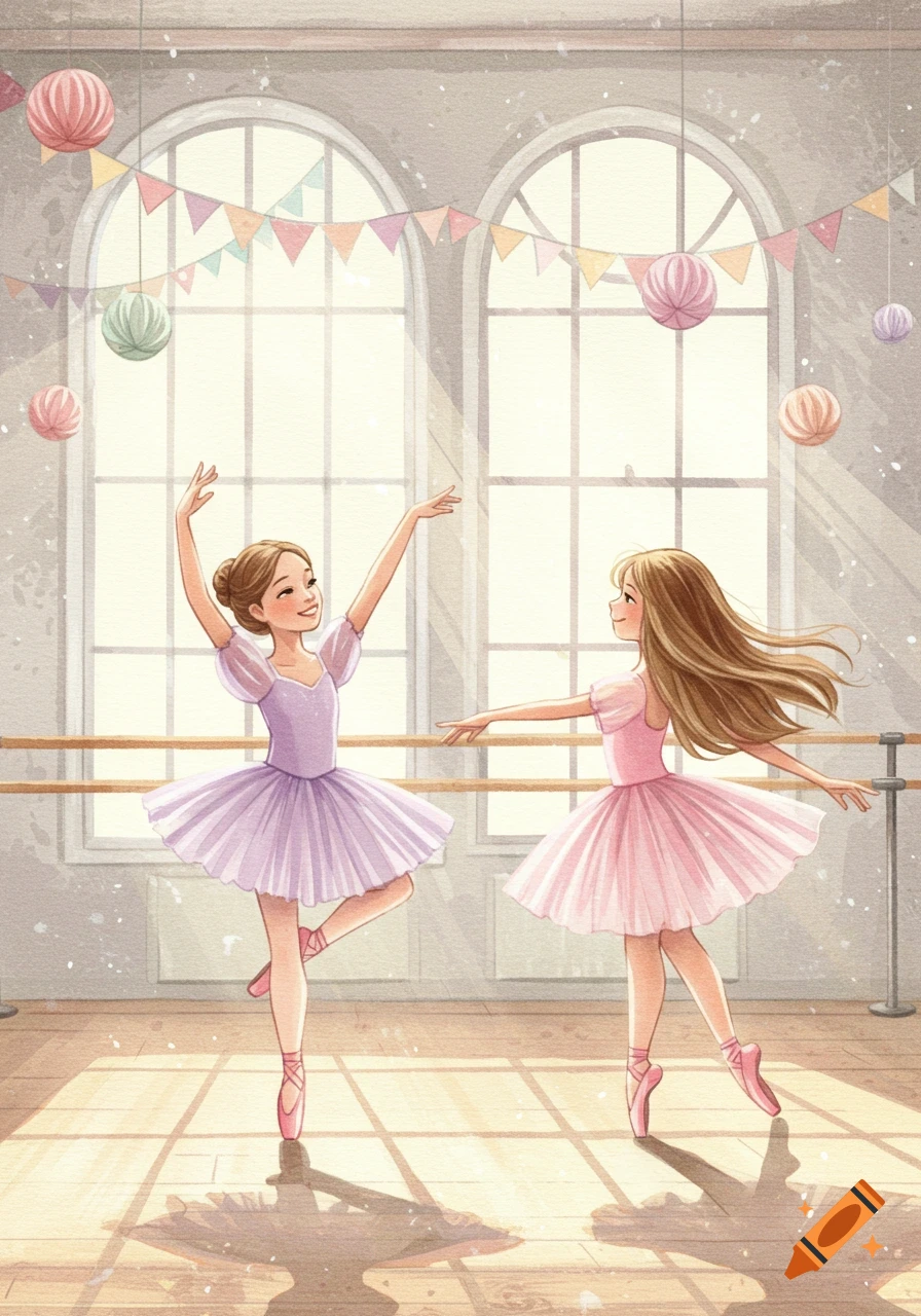 Two young girl ballerinas in pink and purple tutus posing in a sunlit ballet studio, in a watercolor style.