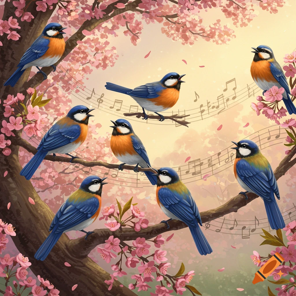 Seven blue and orange birds sing on cherry blossom branches, with musical notes floating around them in a warm, bright setting.