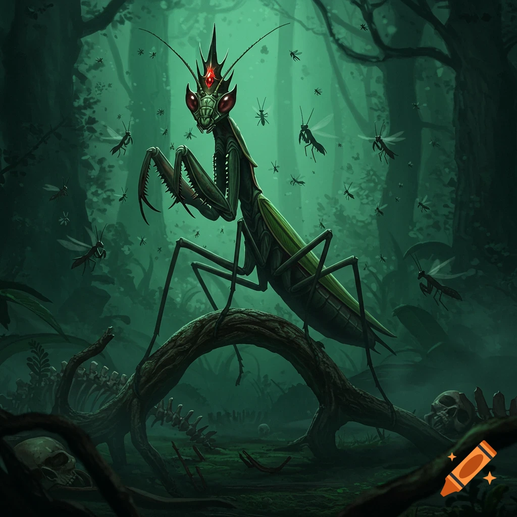 A large, evil-looking praying mantis queen with glowing red eyes and a spiky crown stands over bones and skulls in a dark, swampy forest as smaller insects fly around.