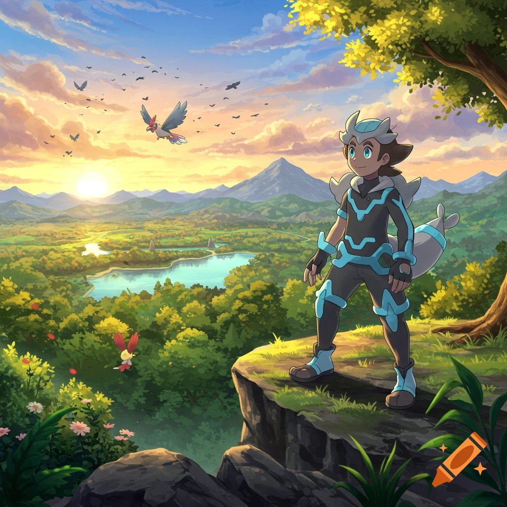 Anime character in a blue and black suit on a cliff overlooking a lush valley with a lake, mountains, and flying birds at sunset.