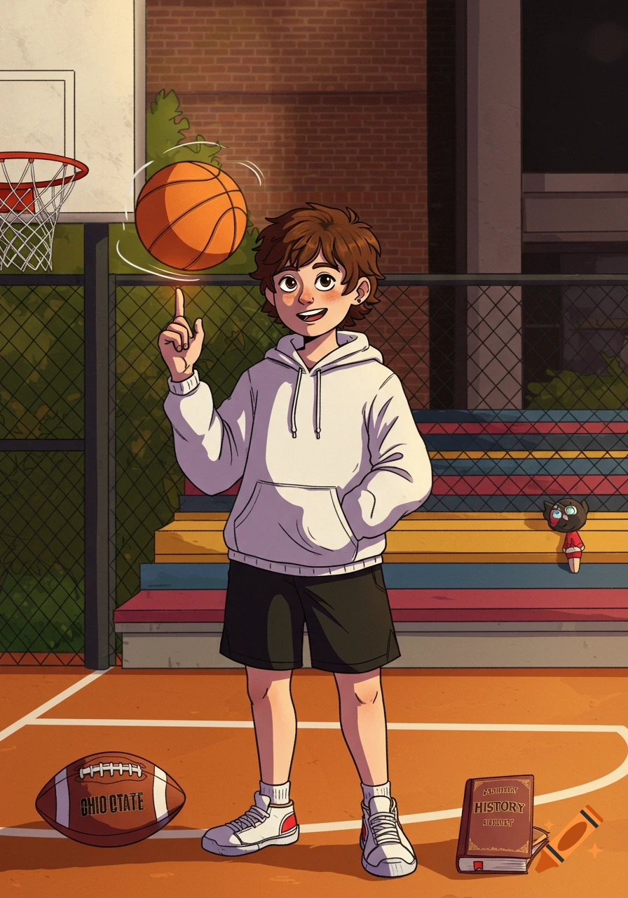 A cartoon boy spins a basketball on his finger on an outdoor court. A football and a history book are on the ground.