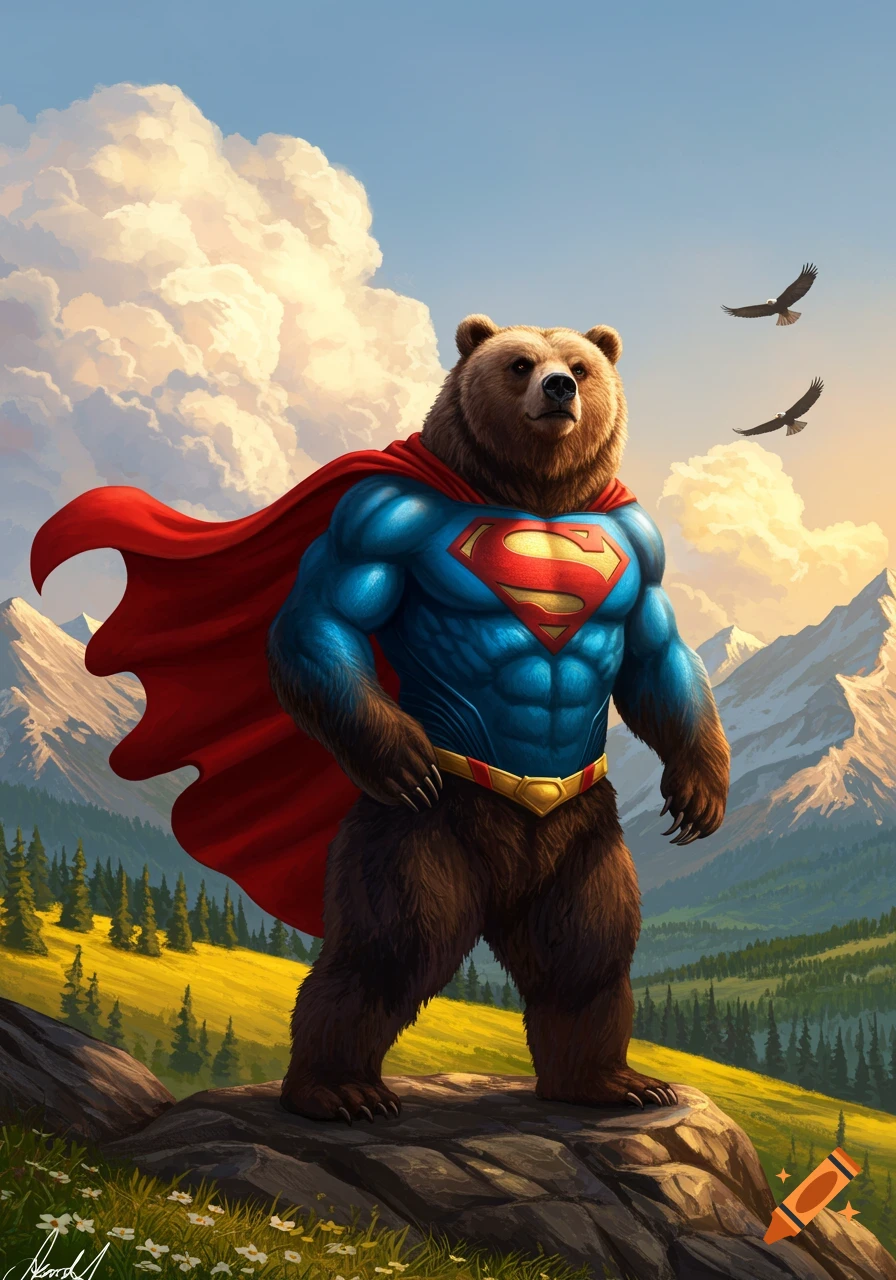 A muscular brown bear dressed as Superman with a red cape stands on a rocky outcrop, overlooking mountains and a cloudy sky. Two eagles fly above.