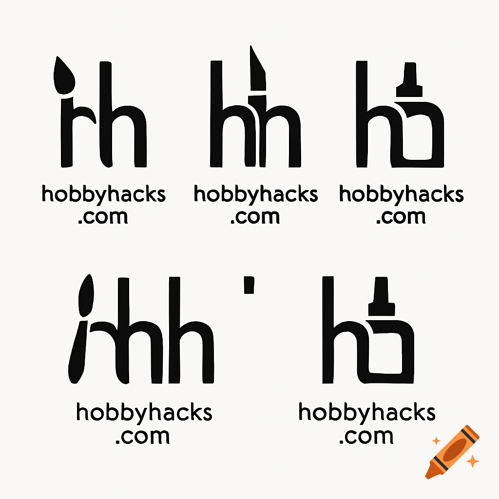 Five minimalist black and white logo concepts for hobbyhacks.com, featuring stylized HH letters with hobby tools.