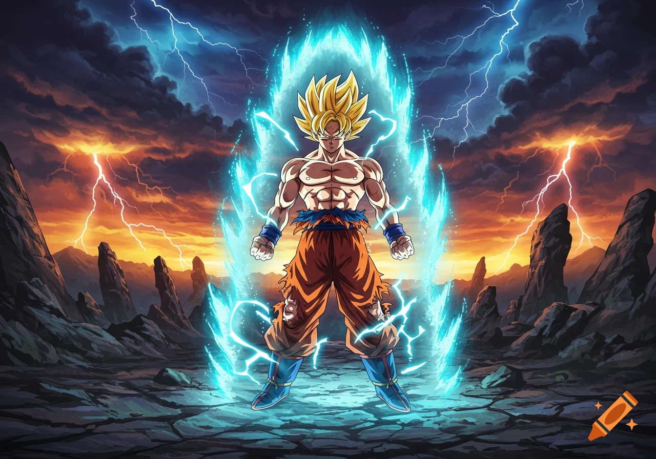 Goku from Dragon Ball Z powered up with a blue aura and lightning in a rocky, stormy landscape, anime style.