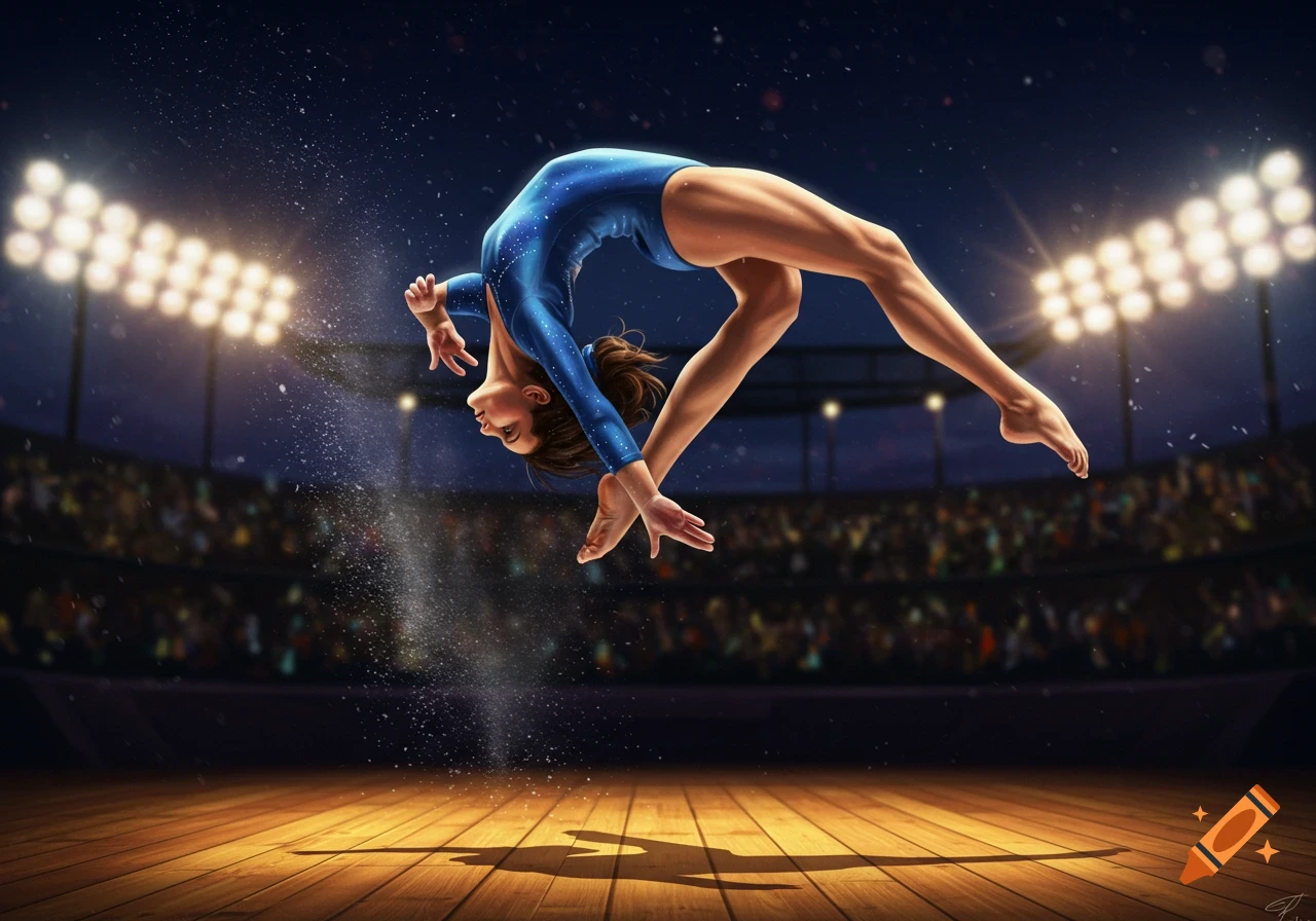 A female gymnast in a blue leotard performs a mid-air backflip on a wooden floor in a brightly lit stadium.