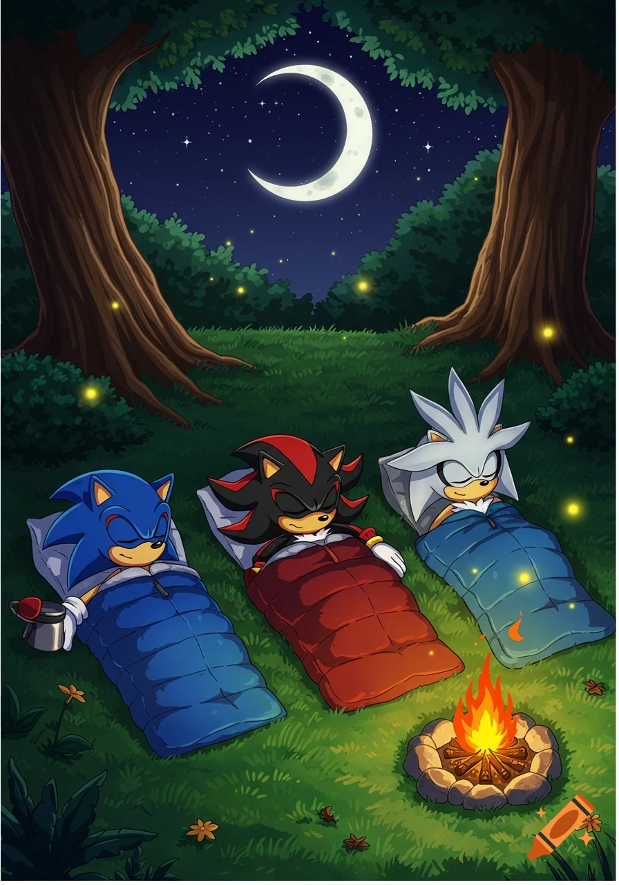Sonic, Shadow, and Silver sleep in sleeping bags around a campfire under a crescent moon in a forest at night, in a cartoon style.