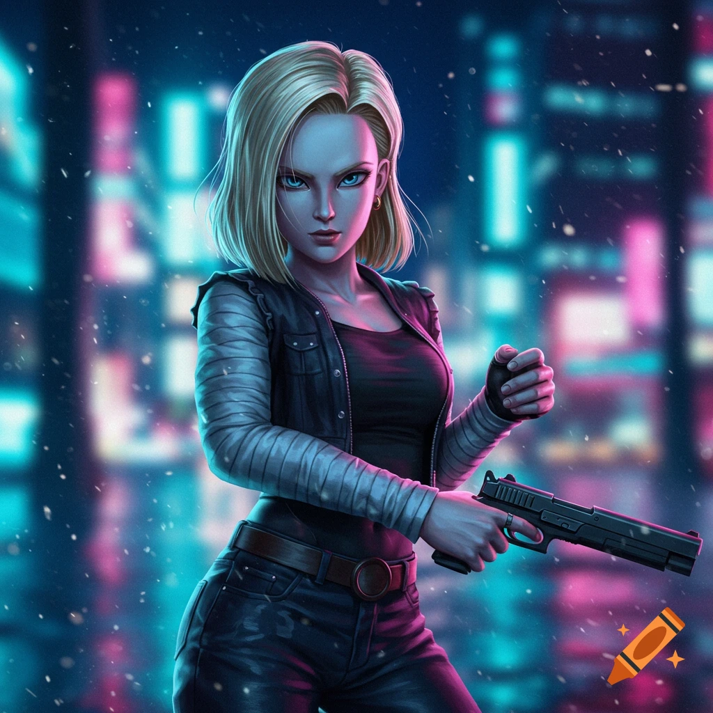 Android 18, a blonde woman with blue eyes, in a black jacket and jeans, stands holding a pistol in a neon-lit city at night.