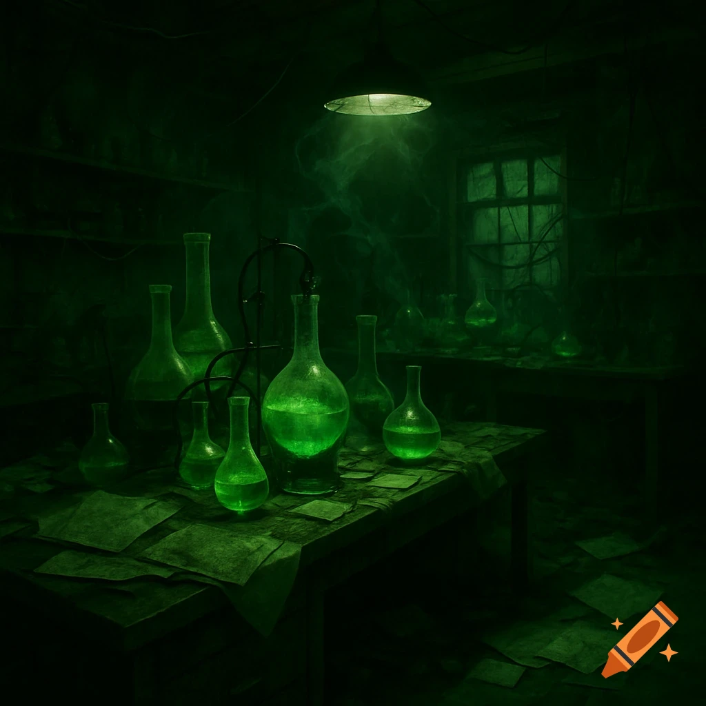 A dimly lit, dark green dystopian laboratory with glowing flasks on a table covered in scattered papers, under a single overhead light.