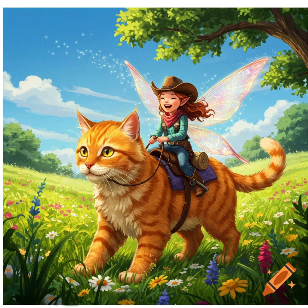 A happy fairy in a cowboy hat rides a large orange cat through a field of colorful wildflowers under a bright blue sky, in a whimsical illustration.