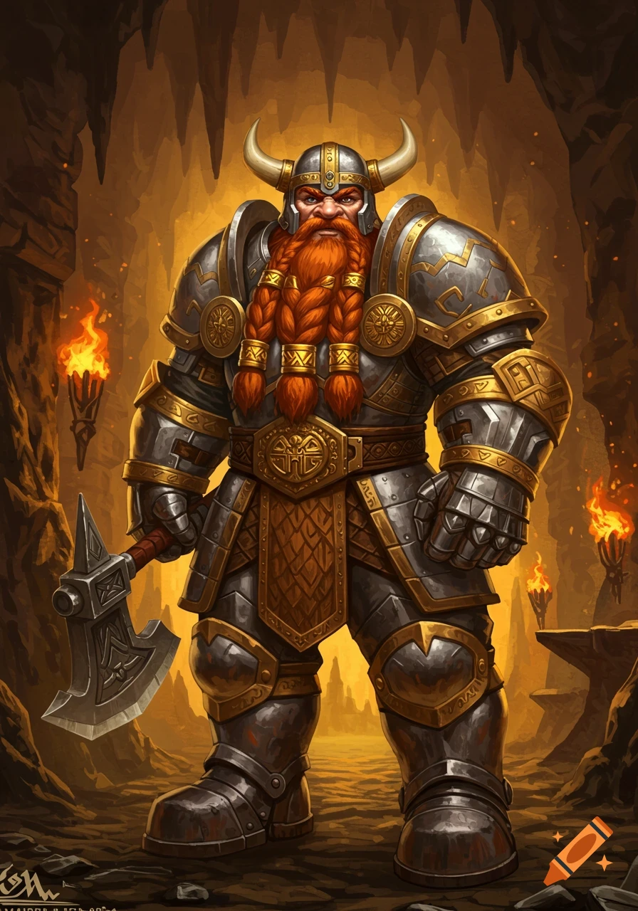 A powerful dwarf warrior in ornate armor holding an axe, standing in a torch-lit cave.