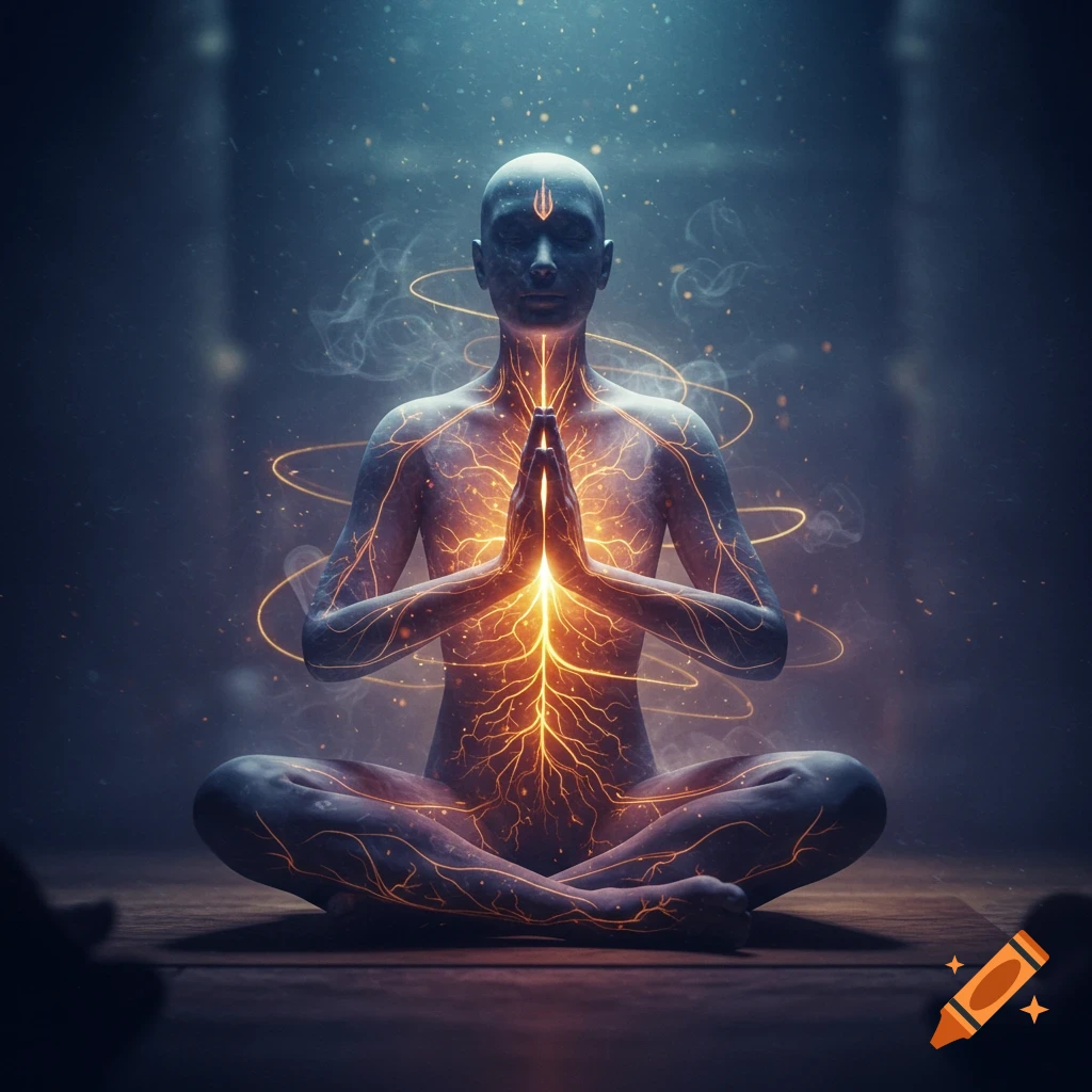 A glowing, stylized figure sits in a meditative pose with hands pressed together, emanating bright orange energy lines. The background is dark and ethereal.