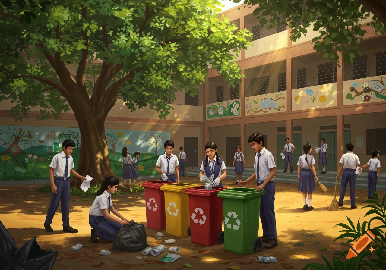 Indian students in a school courtyard are cleaning trash, segregating it into red, yellow, and green bins under a large tree.