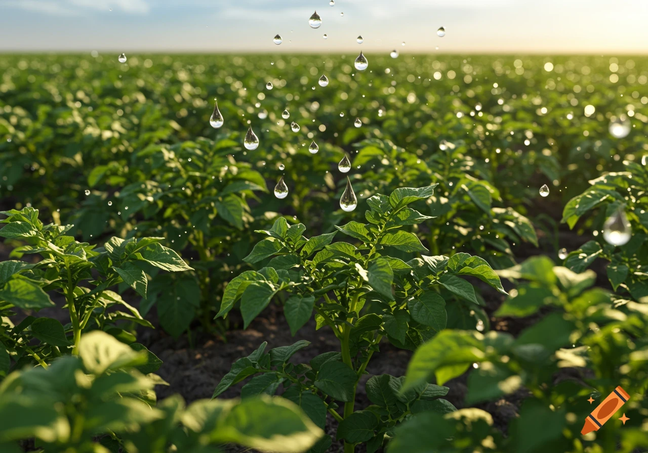 Water droplets falling over a field of green potato plants under a sunny sky.