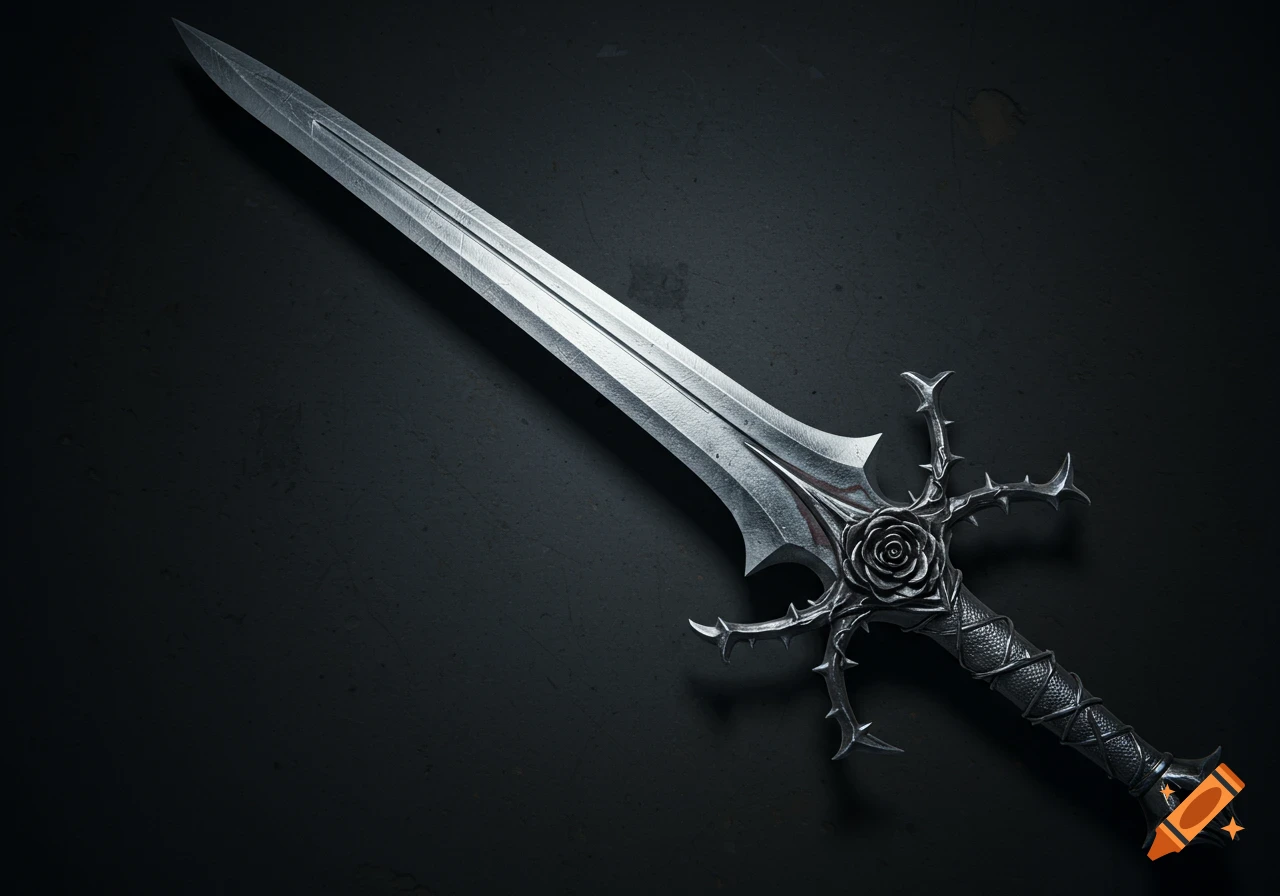 A detailed fantasy greatsword with a slender, silvery blade, thorny quillons, and an intricate iron rose pommel on a dark background.