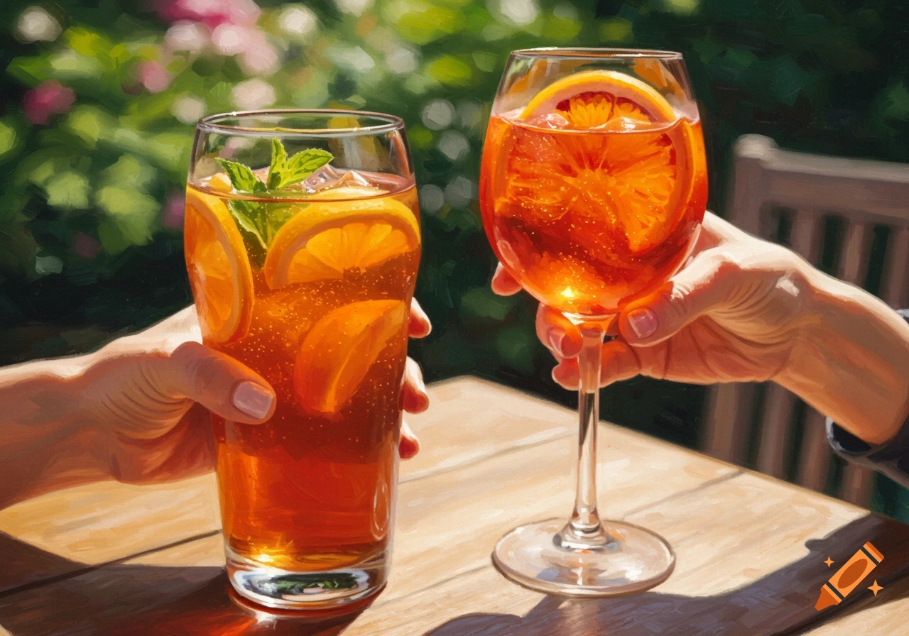 Two hands clinking glasses of Pimms and Aperol spritz with orange slices and mint on an outdoor wooden table in a rough painted style.
