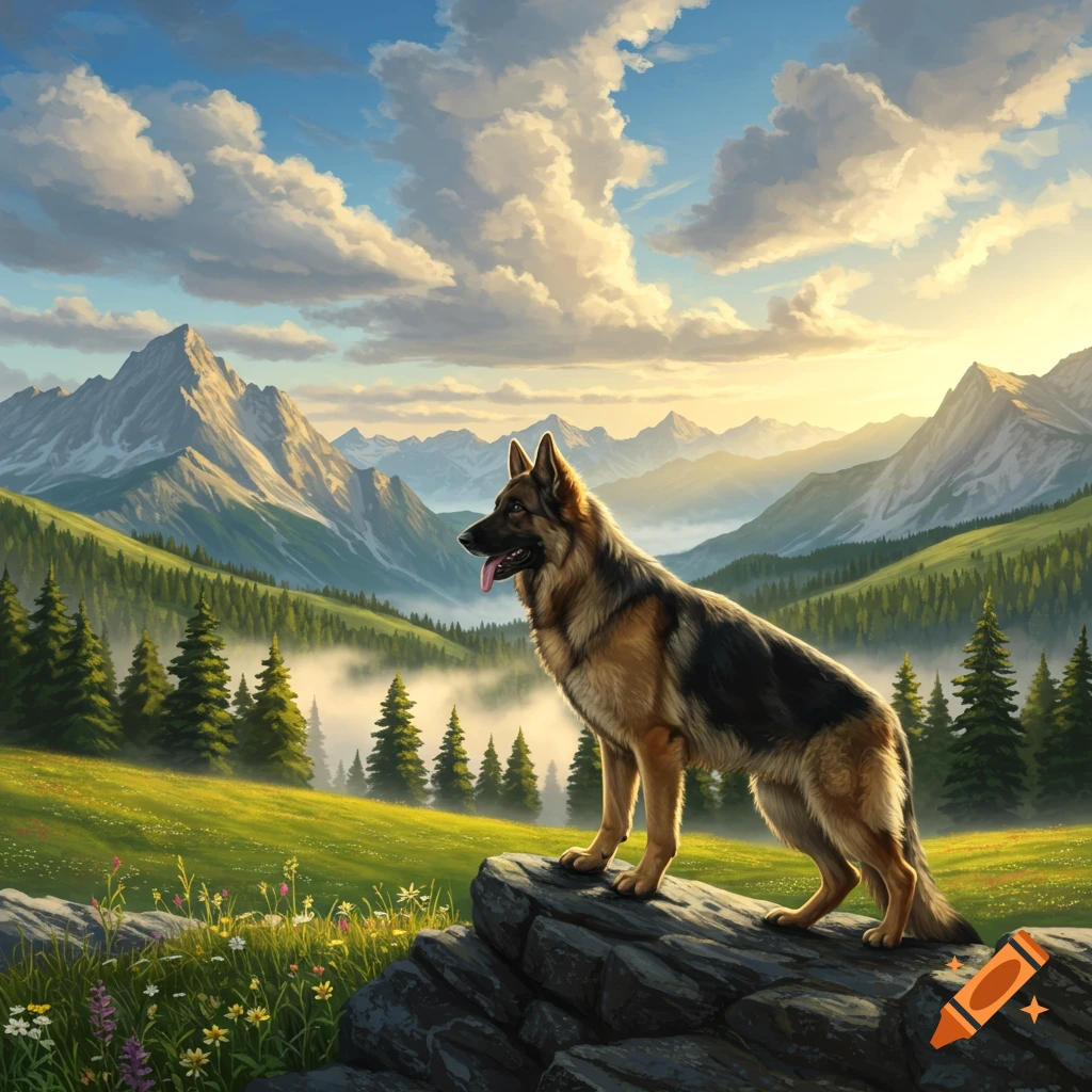A majestic German Shepherd stands on a rock admiring a vast mountain landscape with lush valleys and a cloudy sky at sunset, in a digital painting style.