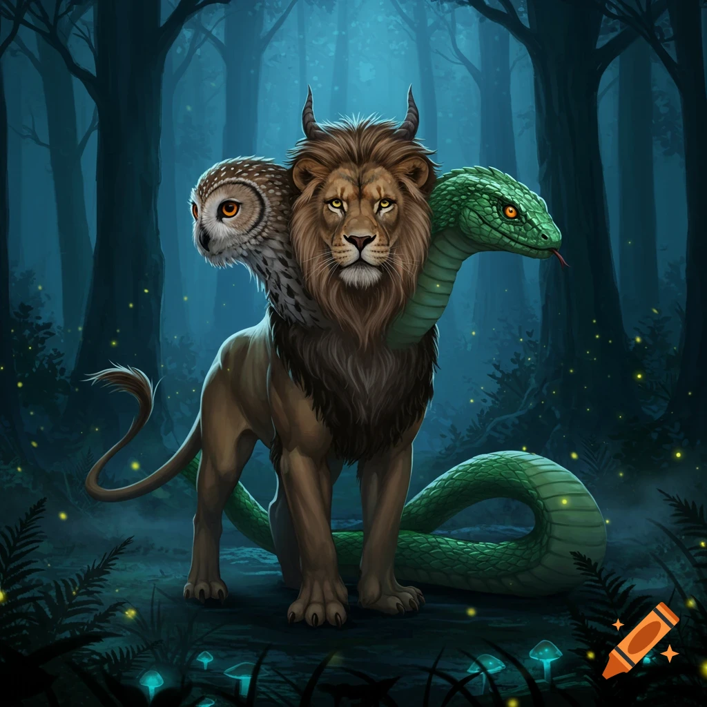 A mythical creature with a lion's body, horned lion head, owl head, and snake head/tail stands in a dark, mystical forest with glowing mushrooms and fireflies.