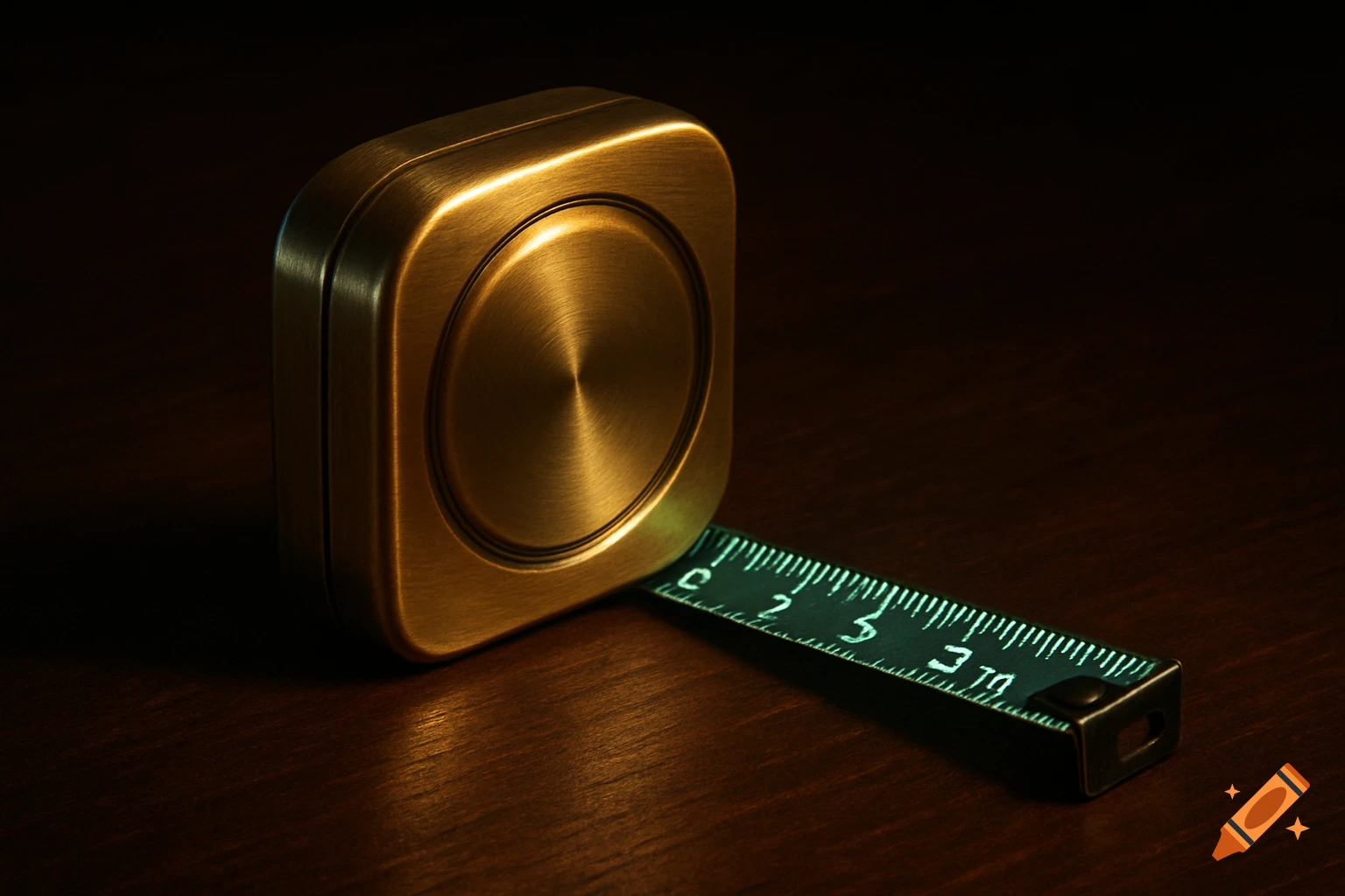 A brass-colored tape measure with glowing green measurements on a dark wooden surface.