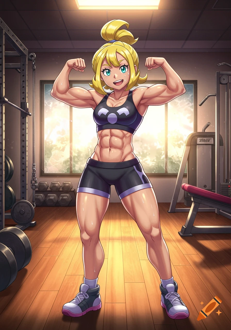 An anime character with blonde hair, wearing a sports bra and shorts, flexes her muscles in a gym setting.