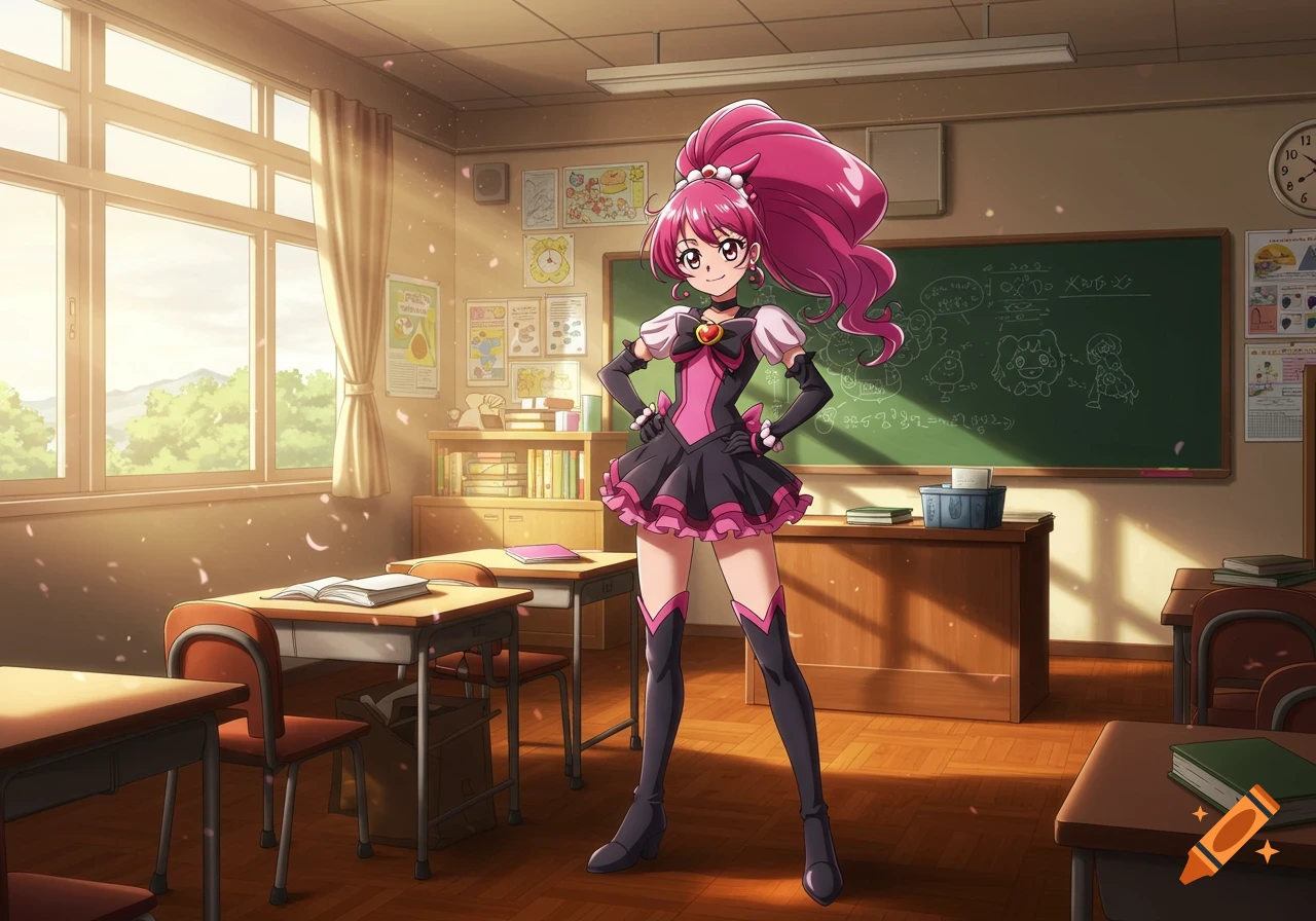An anime character with long pink hair and a black and pink outfit stands in a sunlit classroom, hands on hips.