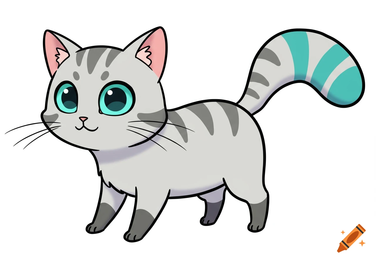 A stylized light grey cat with large teal eyes and a tail with teal stripes, on a white background.