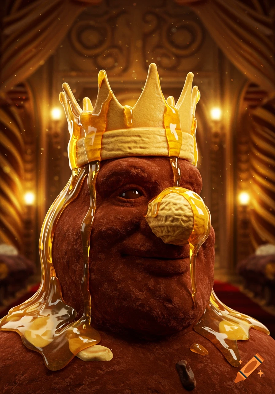 A photorealistic close-up of a chocolate king with a golden crown, a peanut nose, and honey dripping down his face in a royal chamber.